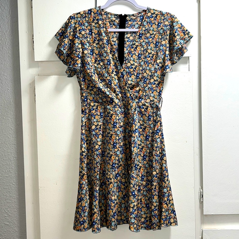FLOWERED DRESS ORANGE BLUE YELLOW ZIPPERED DOWN BACK SZ MED EUC